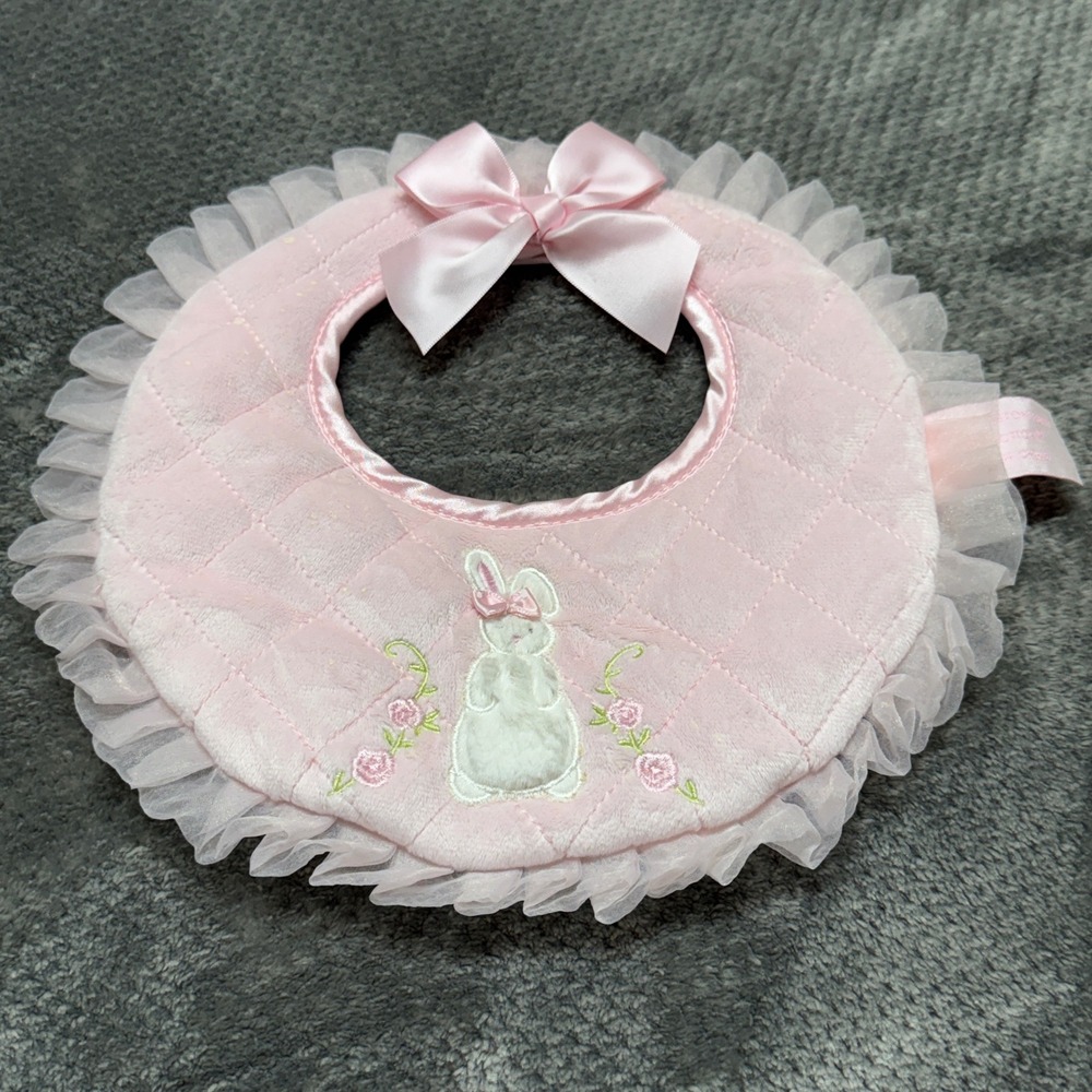 Bearington Baby‎ Pink Quilted Plush Bunny Bib Tulle Ruffle Satin Bow 100745